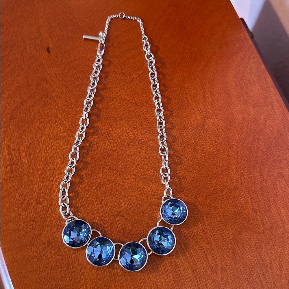 Kenneth Cole Large Blue Bezel Cut Rhinestone & Shiny Silver Tone Necklace - Picture 4 of 5